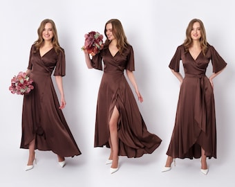 Vestido de seda marrón chocolate, vestido de seda, vestido cruzado, vestido de dama de honor, vestido de invitada de boda, vestido de mujer, vestido de noche, vestido largo