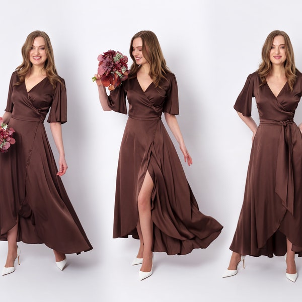 Choсolate brown silk dress, silk dress, wrap dress, bridesmaid dress, wedding guest dress, women dress, evening dress, long dress