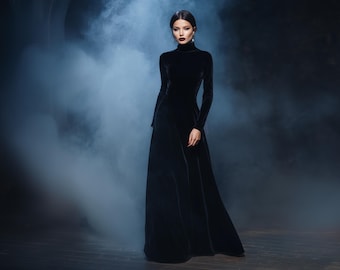 Velvet dress in Black: long dress with Long sleeve and floor-length gown for Halloween, Fall, Winter Weddings, Special Occasions, Christmas