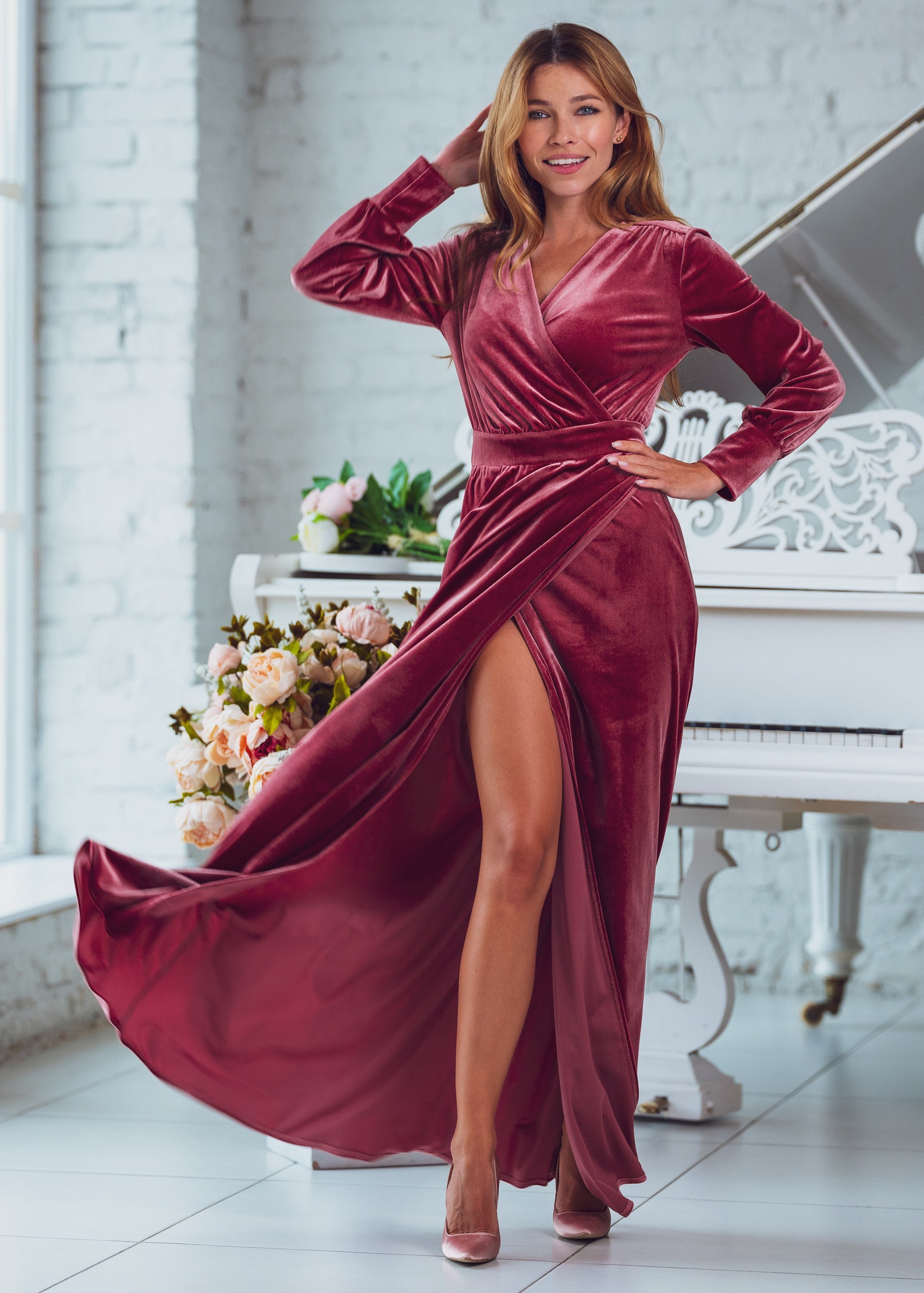 Dusty Rose Velvet Long Wrap Dress Bridesmaid Velvet Dress - Etsy