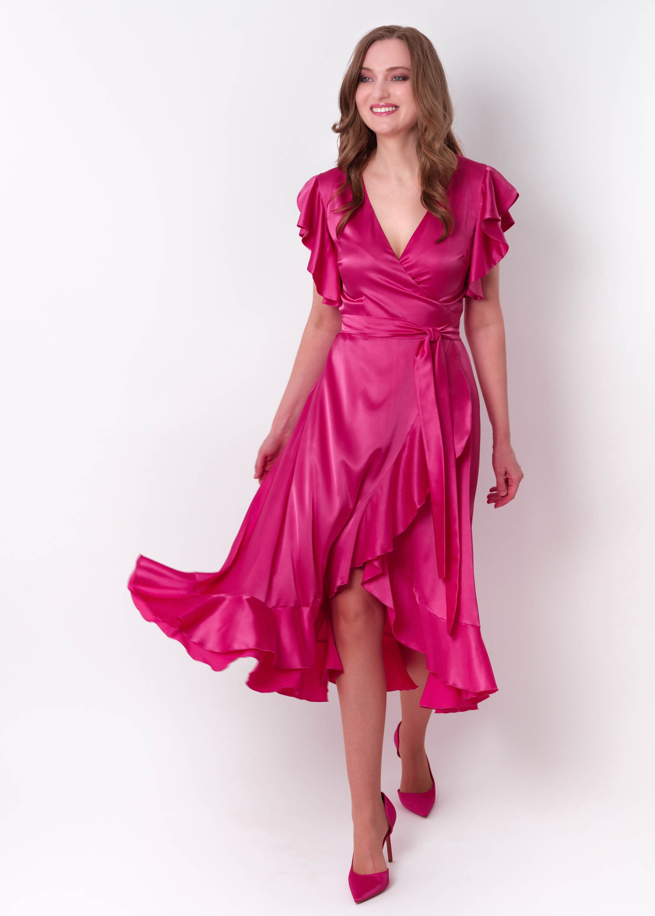 Hot Pink Silk Satin Wrap Dress, Ruffle Sleeves, Maxi Length, Wedding guest