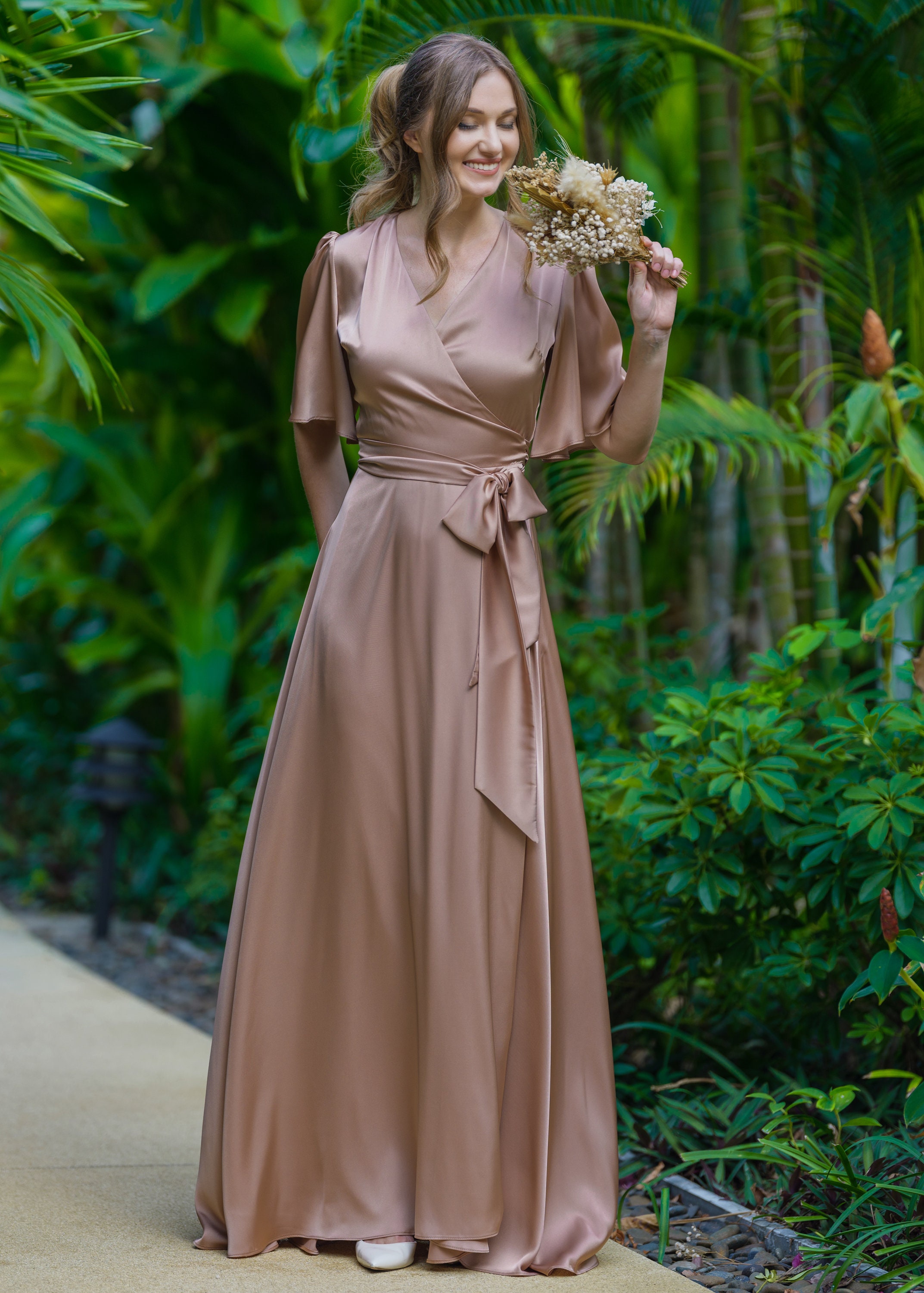 Bridesmaid Dress Wrap Front Crepe Maxi Dress Asymmetric Bell Sleeve Wrap  Maxi Dress With Front Slit