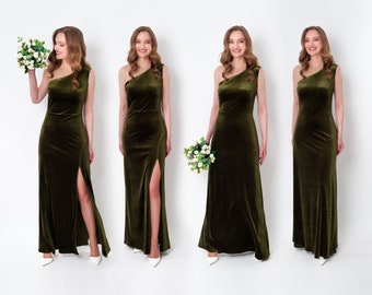 Olive green velvet long dress, one shoulder dress, slit velvet dress, bridesmaid velvet dress, wedding guest dress, evening dress