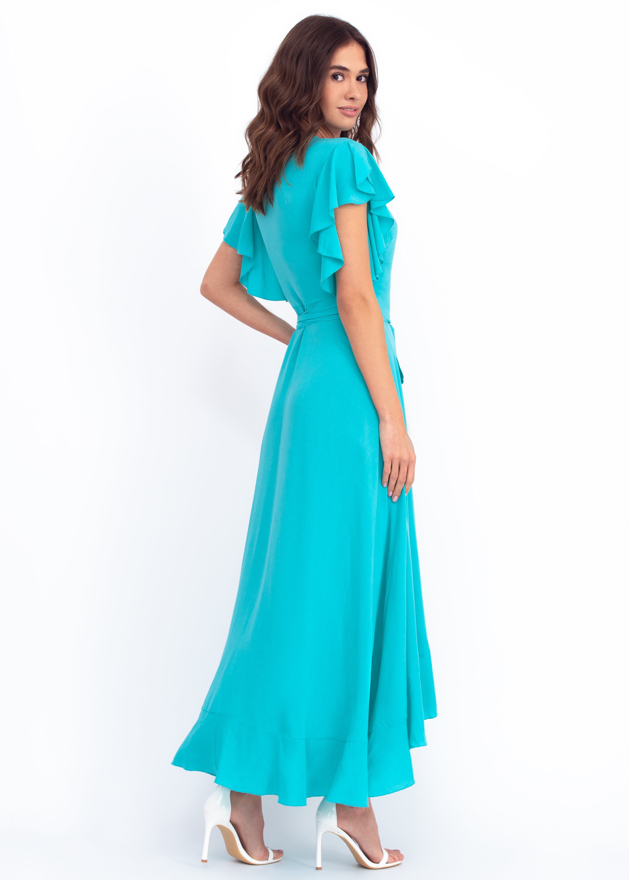 fitted lace wedding dress Turquoise Chiffon V-Neck Smocked Waist Maxi Dress – PinkBlush main image 1