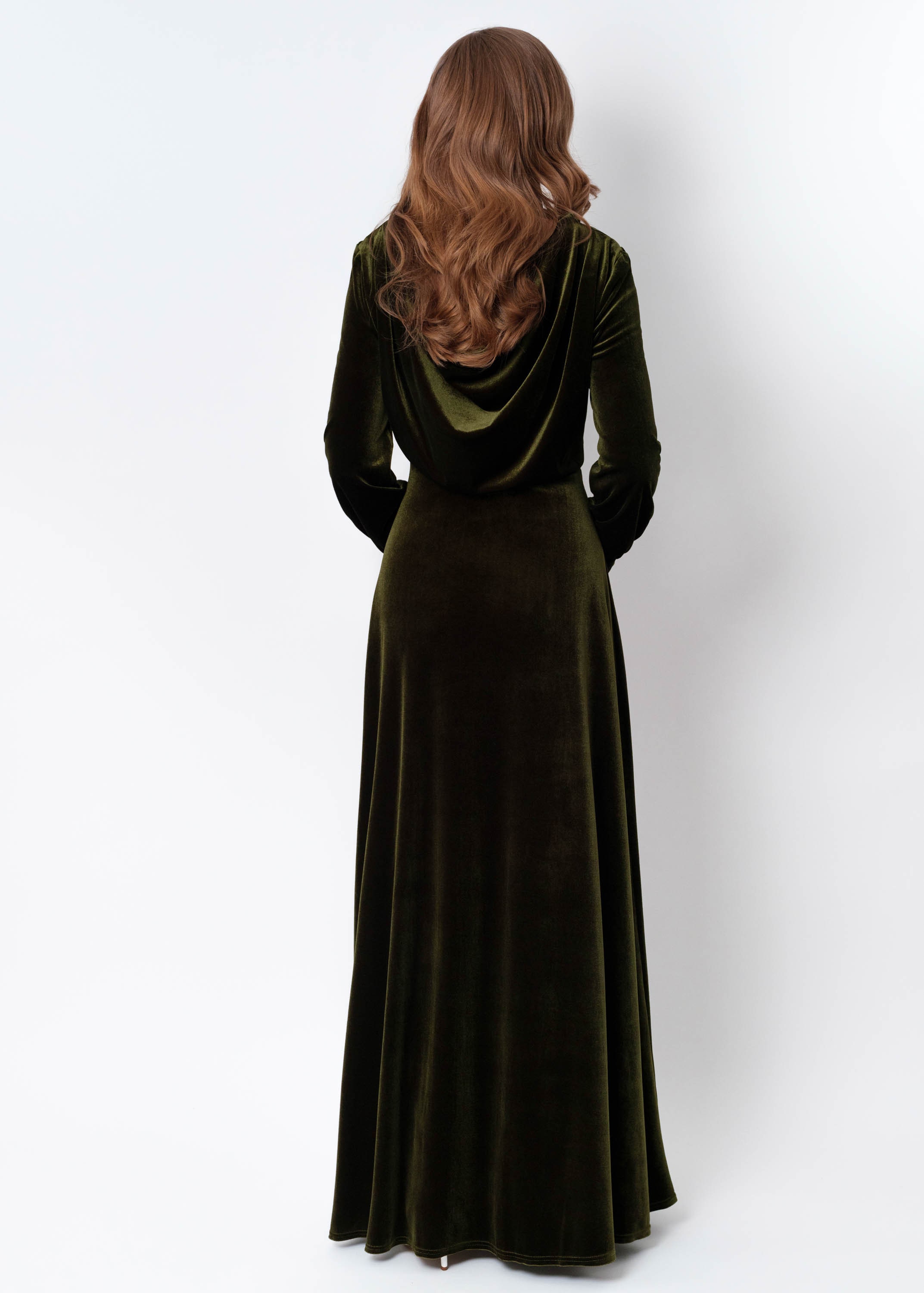 Olive Green Velvet Maxi Dress: Elegant Long Sleeve Gown, Fall Wedding Guest, Modest Bridesmaid Olive Green Velvet Maxi Dress: Elegant Long Sleeve Gown, Fall Wedding Guest, Modest Bridesmaid