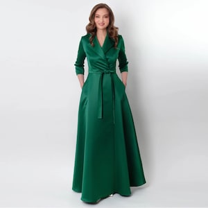 Emerald green wrap satin dress, wrap dress, bridesmaid dress, wedding guest dress, women dress, maxi dress, evening dress, long dress