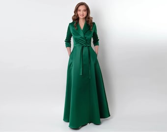 Emerald green wrap satin dress, wrap dress, bridesmaid dress, wedding guest dress, women dress, maxi dress, evening dress, long dress