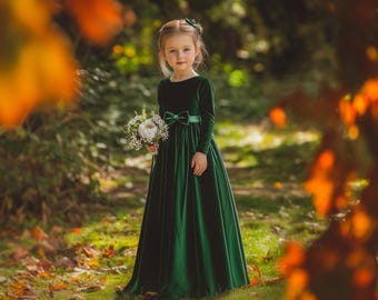 Velvet flower girl dress, emerald green velvet flower girl dress, dresses for girls