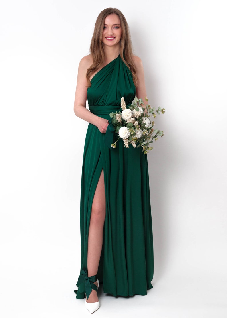 Infinity-Schlitzkleid, dunkelgrünes Seidenkleid, Brautjungfernkleid, Seidensatinkleid, Multi-Wickelkleid, wandelbares Kleid, Multiway-Kleid Bild 2