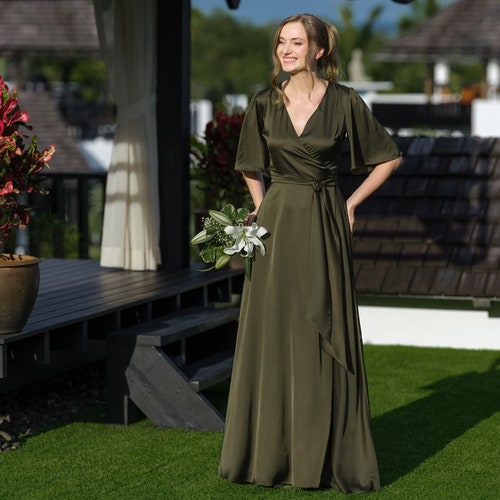 Bridesmaid dark olive silk wrap dress, wedding guest dress, silk satin dress, maxi dress, evening dress, long dress, formal dress