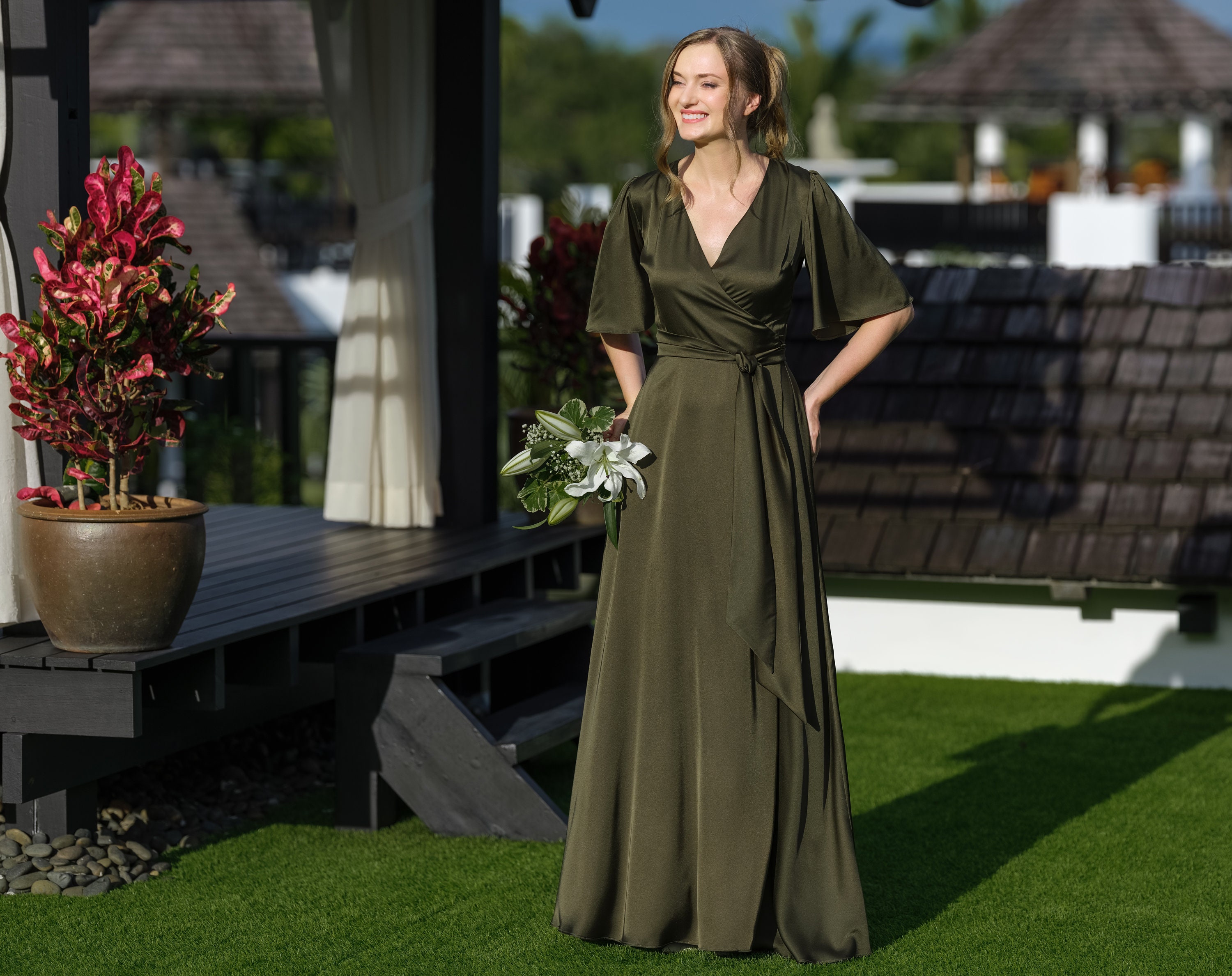 Olive green wedding guest dress top