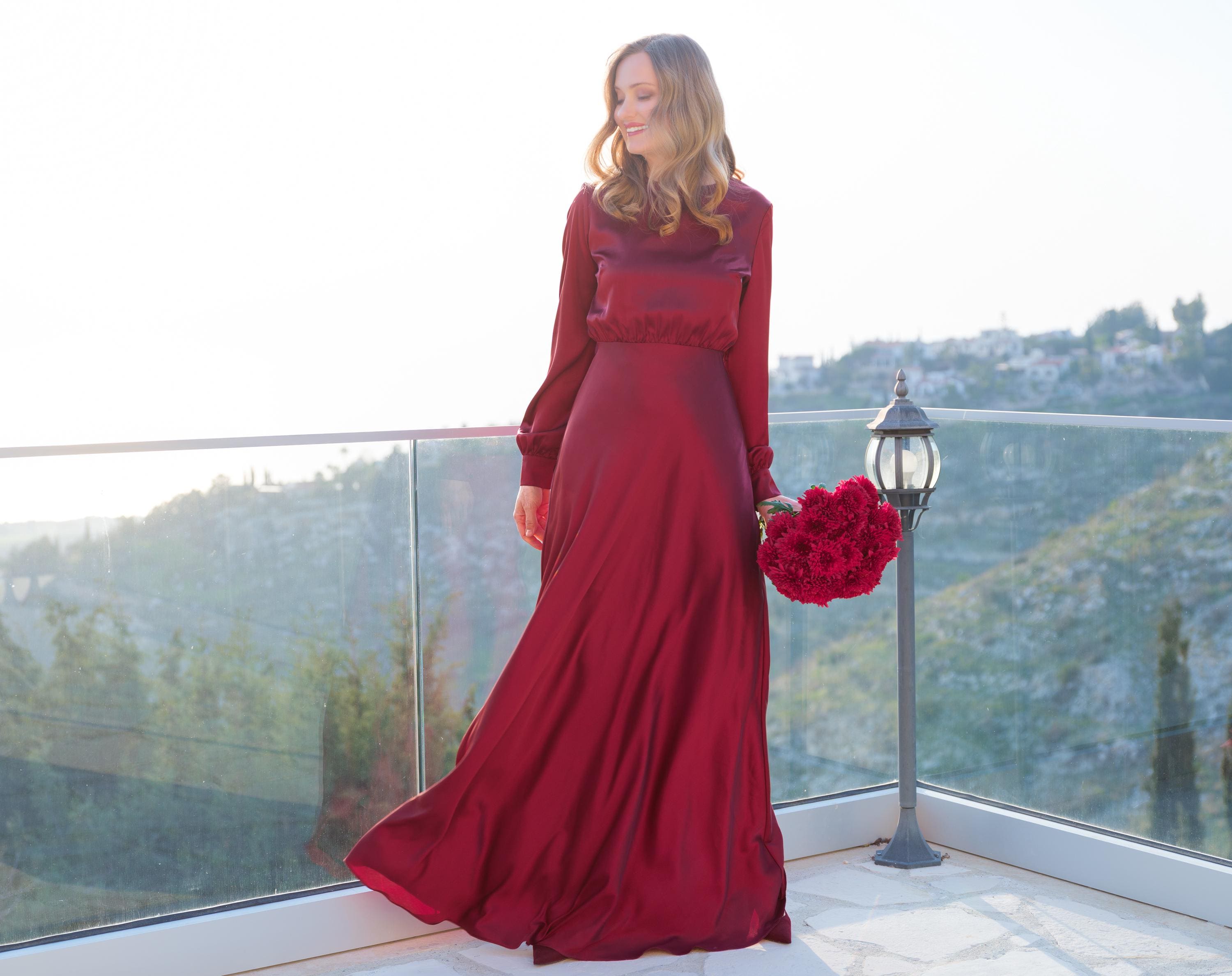 fitted lace wedding dress Wine Red Satin and Velvet Long Party Dress, Long Sleeves Evening Dress –  Cutedressy