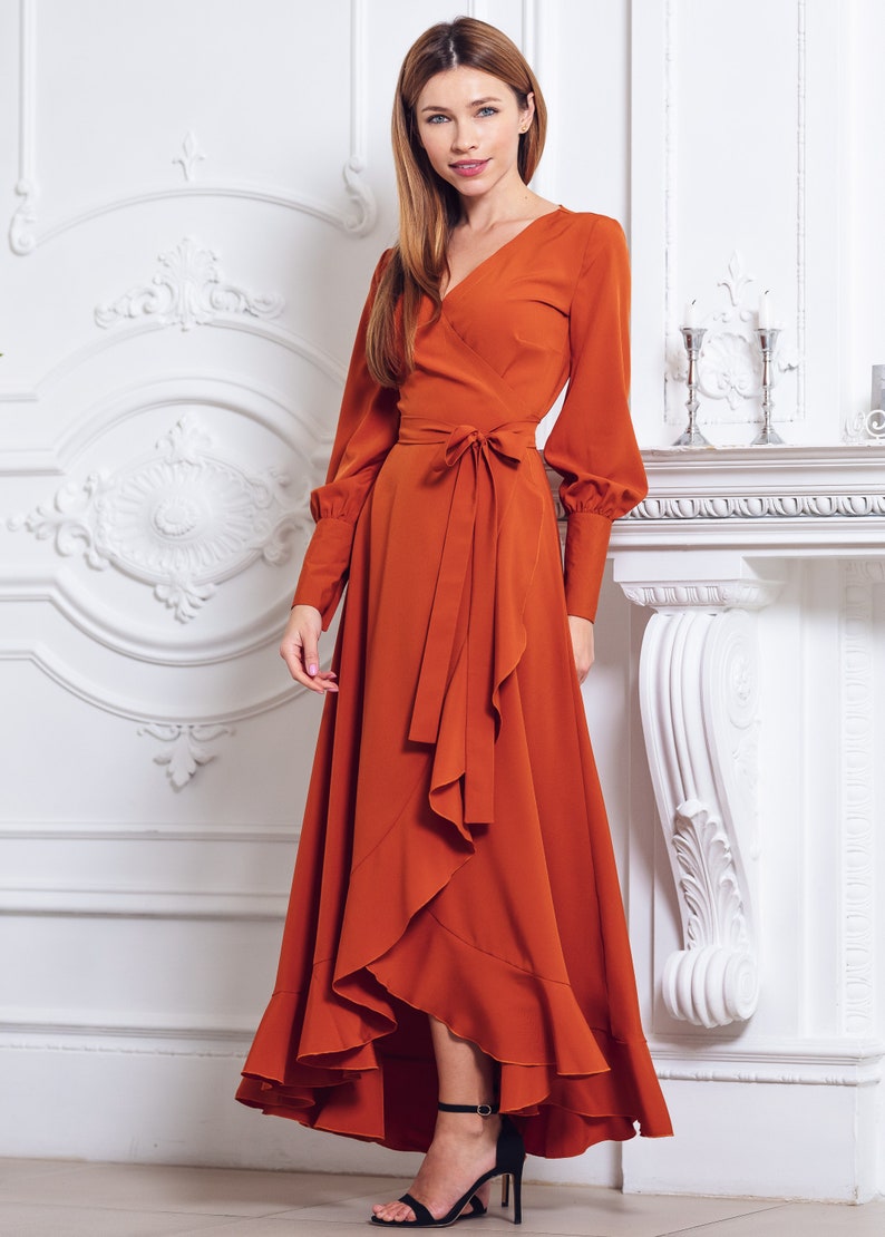 Rust orange long wrap dress, bridesmaid dress, cocktail dress, wedding guest dress, maxi party dress, formal dress, prom dress 画像 6