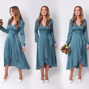 Aqua blue silk dress, silk dress, wrap dress, bridesmaid dress, wedding guest dress, women dress, maxi dress, evening dress, long dress