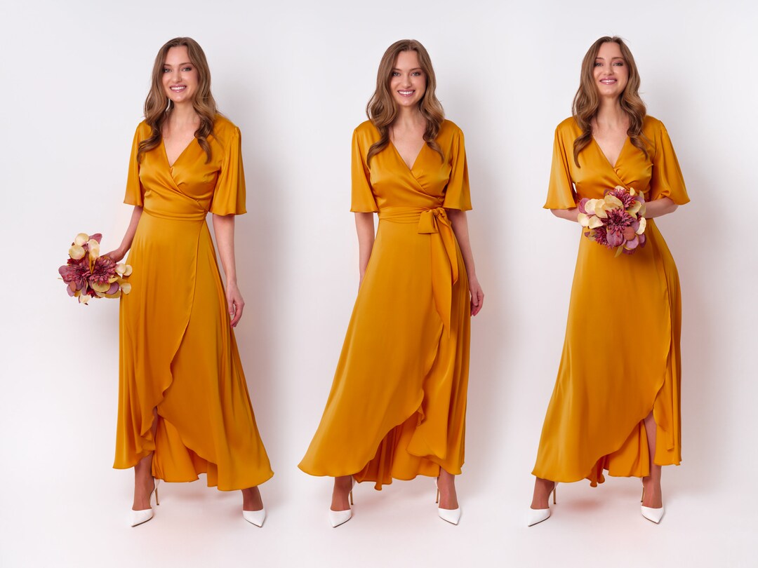 Gold Silk Dress, Silk Dress, Wrap Dress, Bridesmaid Dress, Wedding