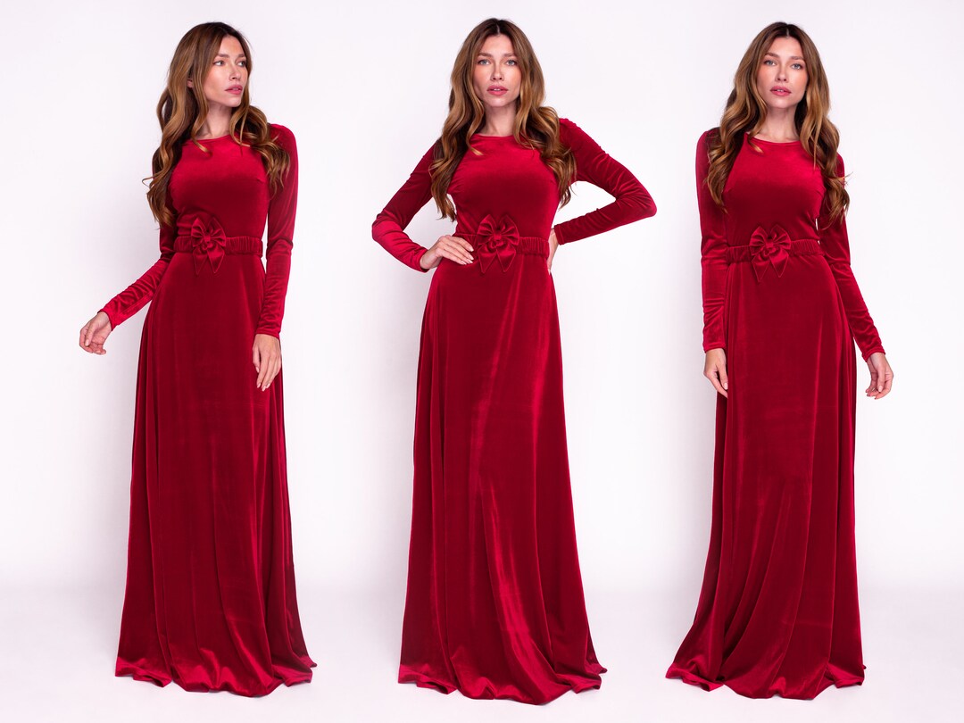 Red Burgundy Velvet Long Dress With Belt, Christmas Velvet Dress