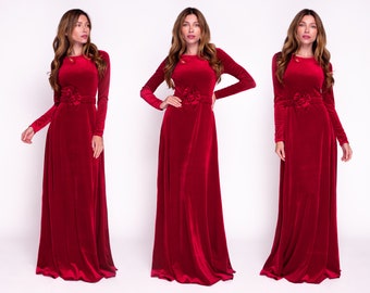 Red burgundy velvet long dress with belt, Christmas velvet dress, evening dress, velvet bridesmaid dress, wedding guest dress, party dress