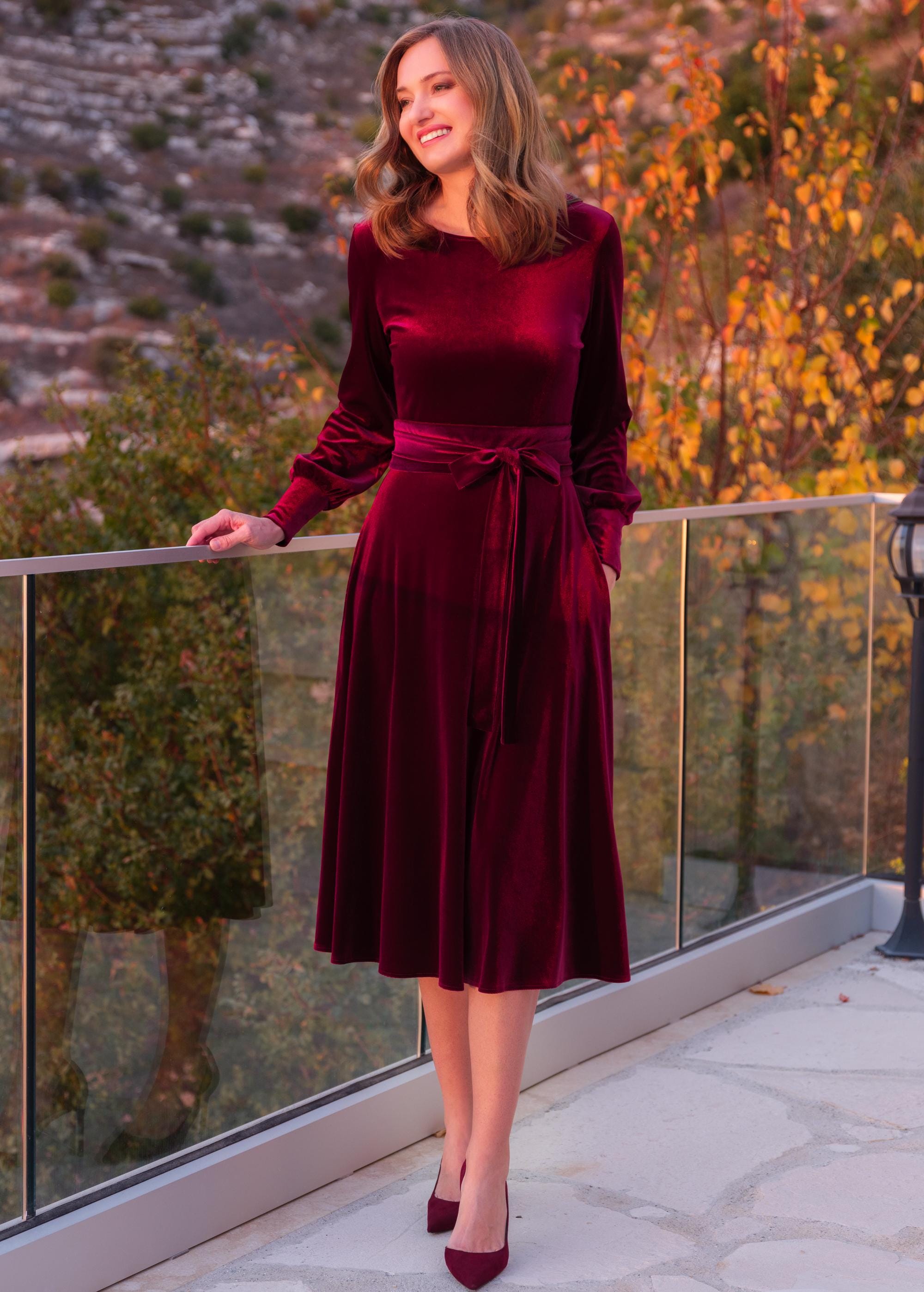 ladies burgundy velvet dress Velvet Dress in Burgundy: With Pockets, Made-to-measure, Evening Gown,  Christmas, Wedding Guest