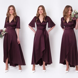 Dark burgundy silk dress, silk dress, wrap dress, bridesmaid dress, wedding guest dress, women dress, evening dress, long dress