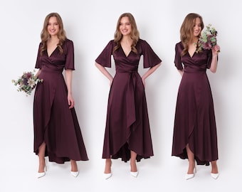 Dark burgundy silk dress, silk dress, wrap dress, bridesmaid dress, wedding guest dress, women dress, evening dress, long dress