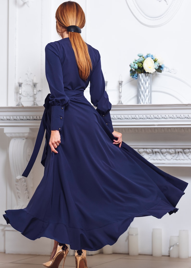 Navy blue long wrap dress, bridesmaid dress, cocktail dress, wedding guest dress, maxi party dress, formal dress, prom dress image 6