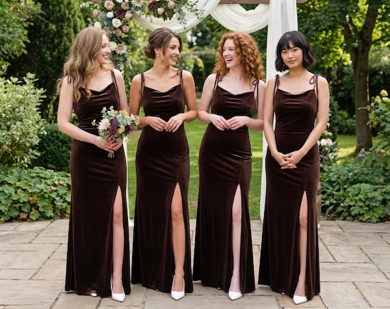 Chocolate Brown Velvet Bridesmaid Slit Dress: Formal, Evening, Wedding Guest Gown