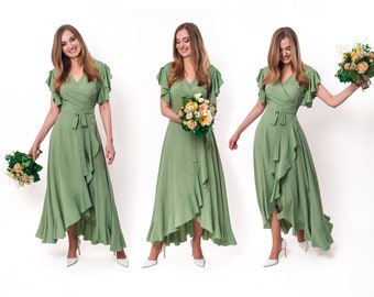 Sage green romantic wrap around dress, maxi dress, long dress, wedding guest dress, formal short sleeve dress, evening dress, elegant dress