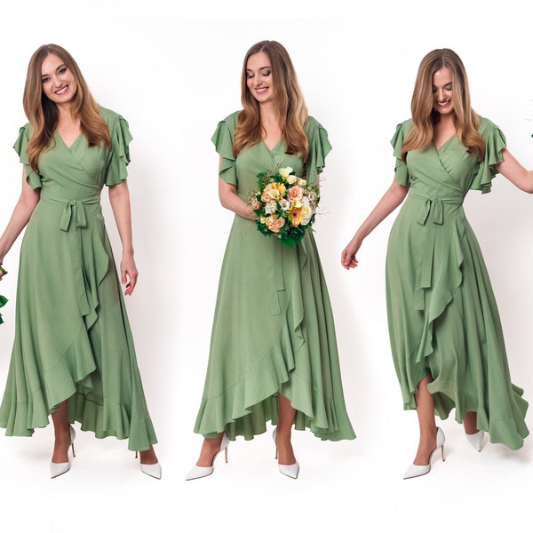 Sage green romantic wrap around dress, maxi dress, long dress, wedding guest dress, formal short sleeve dress, evening dress, elegant dress