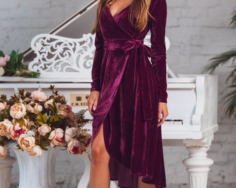 Burgundy velvet wrap dress deals