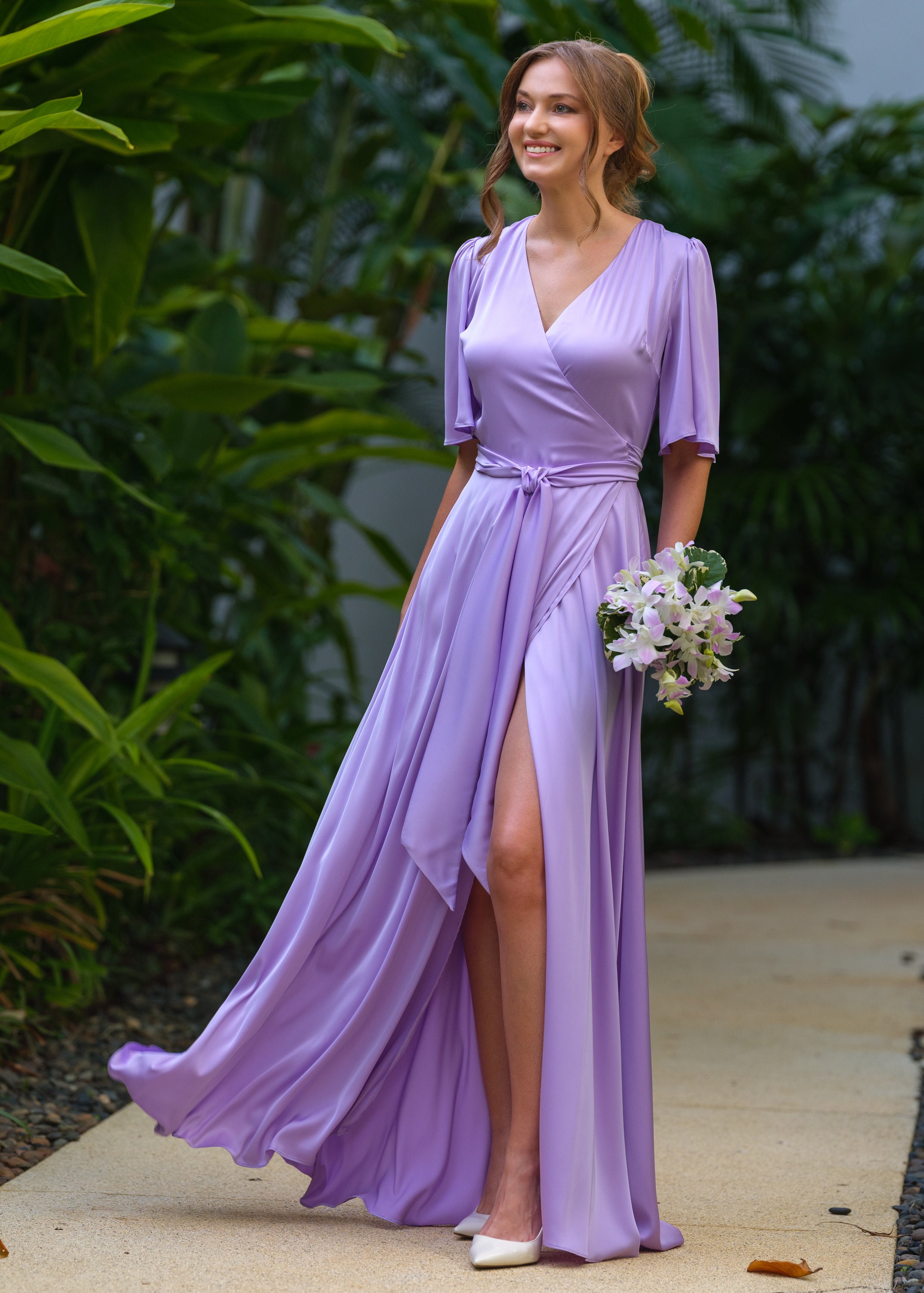 slim fit dress slacks Classic Bell Sleeve V Neck Velvet Bridesmaid Dress with Pleats COCOMELODY CB0367, Dark Mauve main image 1