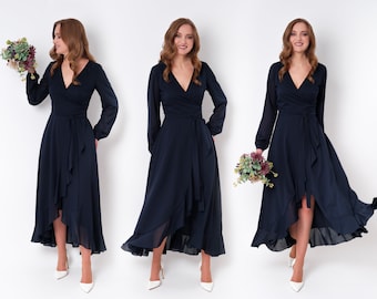 Navy blue chiffon bridesmaid dress, wedding guest dress, bridesmaids dress, chiffon long wrap dress, evening dress, formal chiffon dress