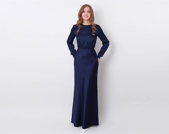 navy silk long sleeve dress Navy Blue Satin Long Sleeve A-line Maxi Bridesmaid Dress