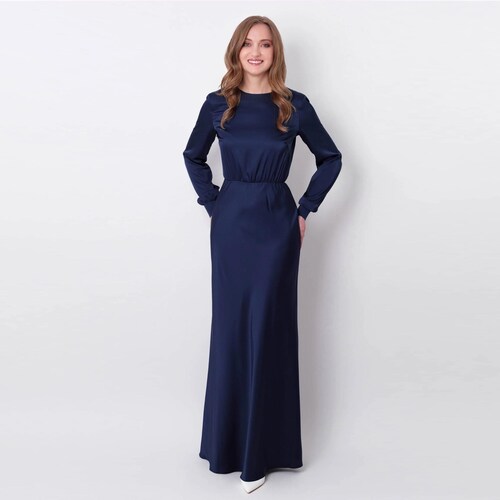 Navy Blue Silk Long Dress, Bridesmaid Dress, Wedding Guest Dress, Evening Dress, Long Sleeves Dress, Bridal Party Attire, Long Dress