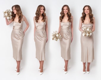 Champagne beige zijden slipdress, bruidsmeisjesjurk, bruiloftsgastjurk, avondjurk, lange bandjes jurk, bruidsfeestkleding, lange jurk