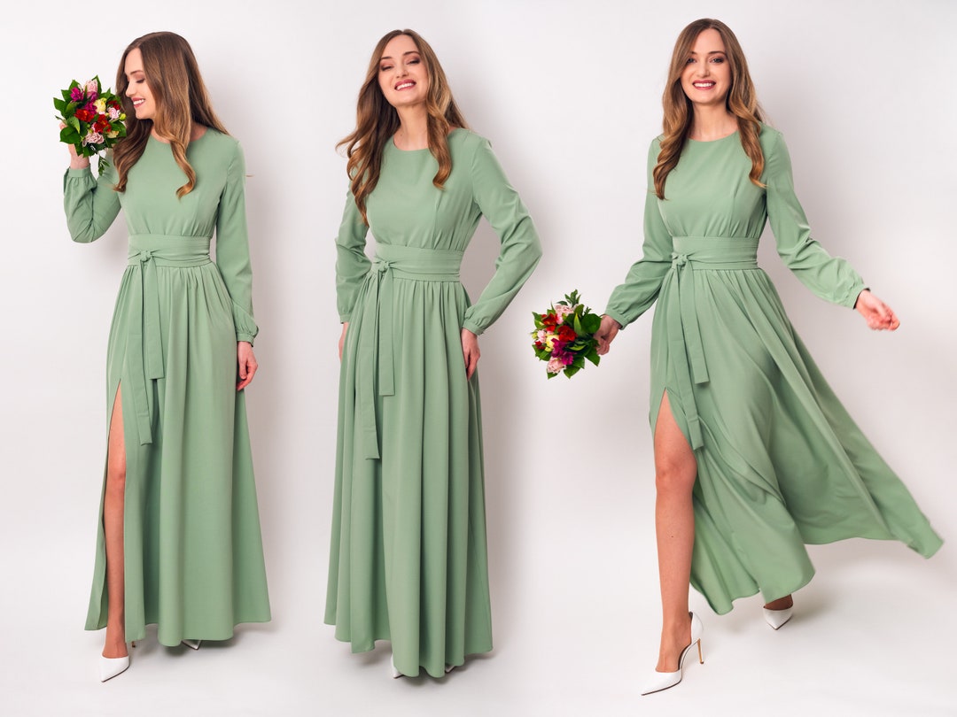 Sage Green Long Slit Dress With Belt, Bridesmaid Dress, Cocktail Dress ...