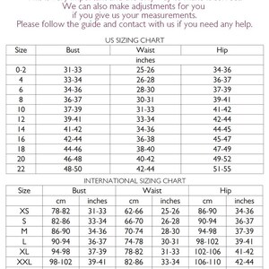 May include: A size chart for women's clothing with measurements in inches and centimeters. The chart includes bust, waist, and hip measurements for sizes 0-22 in US sizing and XS-7XL in international sizing.