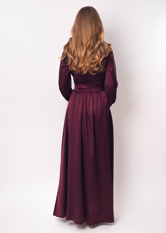 burgundy satin long sleeve dress Elegant Burgundy Prom Evening Gown One Shoulder Long Sleeve Pageant Dr –  Viniodress main image 1