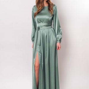 Sage Green Silk Dress With Belt Long Slit Dress Bridesmaid - Etsy