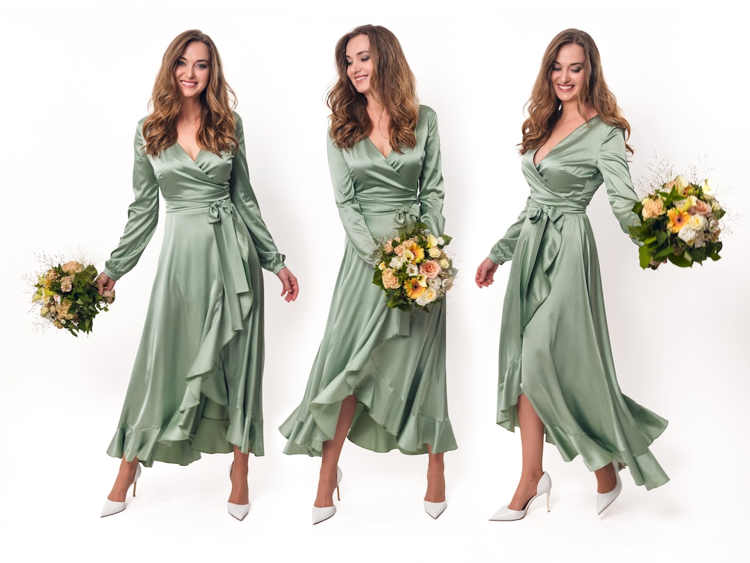 Sage Green Dress, Silk Dress, Wrap Dress, Bridesmaid Dress, Wedding
