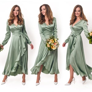Sage green dress, silk dress, wrap dress, bridesmaid dress, wedding guest dress, women dress, maxi dress, evening dress, long dress