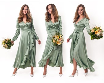 Vestido verde salvia, vestido de seda, vestido cruzado, vestido de dama de honor, vestido de invitada de boda, vestido de mujer, vestido largo, vestido de noche, vestido largo