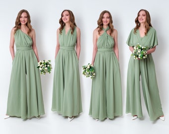 Sage green chiffon infinity bridesmaid dress or jumpsuit, wedding guest dress, bridesmaids dress, chiffon long dress, convertible dress