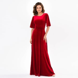 Red velvet long dress, bridesmaid velvet dress, wedding guest dress, velvet slit wrap dress, maxi dress, evening dress,
