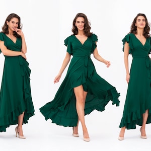 Dark green dress, silk dress, wrap dress, bridesmaid dress, wedding guest dress, women dress, maxi dress, evening dress, long dress