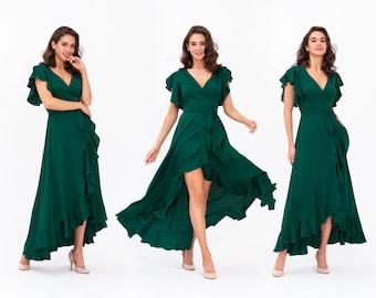 Dark green dress, silk dress, wrap dress, bridesmaid dress, wedding guest dress, women dress, maxi dress, evening dress, long dress