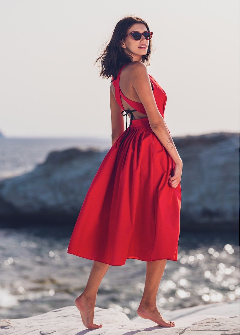 Red long organic cotton cross-back dress, mid-calf sundress, open back dress, crisscross, 50s-style dress, sleeveless, summer image 10