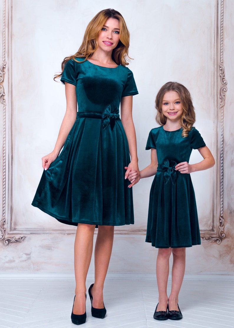 Mommy and Me Teal Green Velvet Dresses Mother and Daughter | Etsy