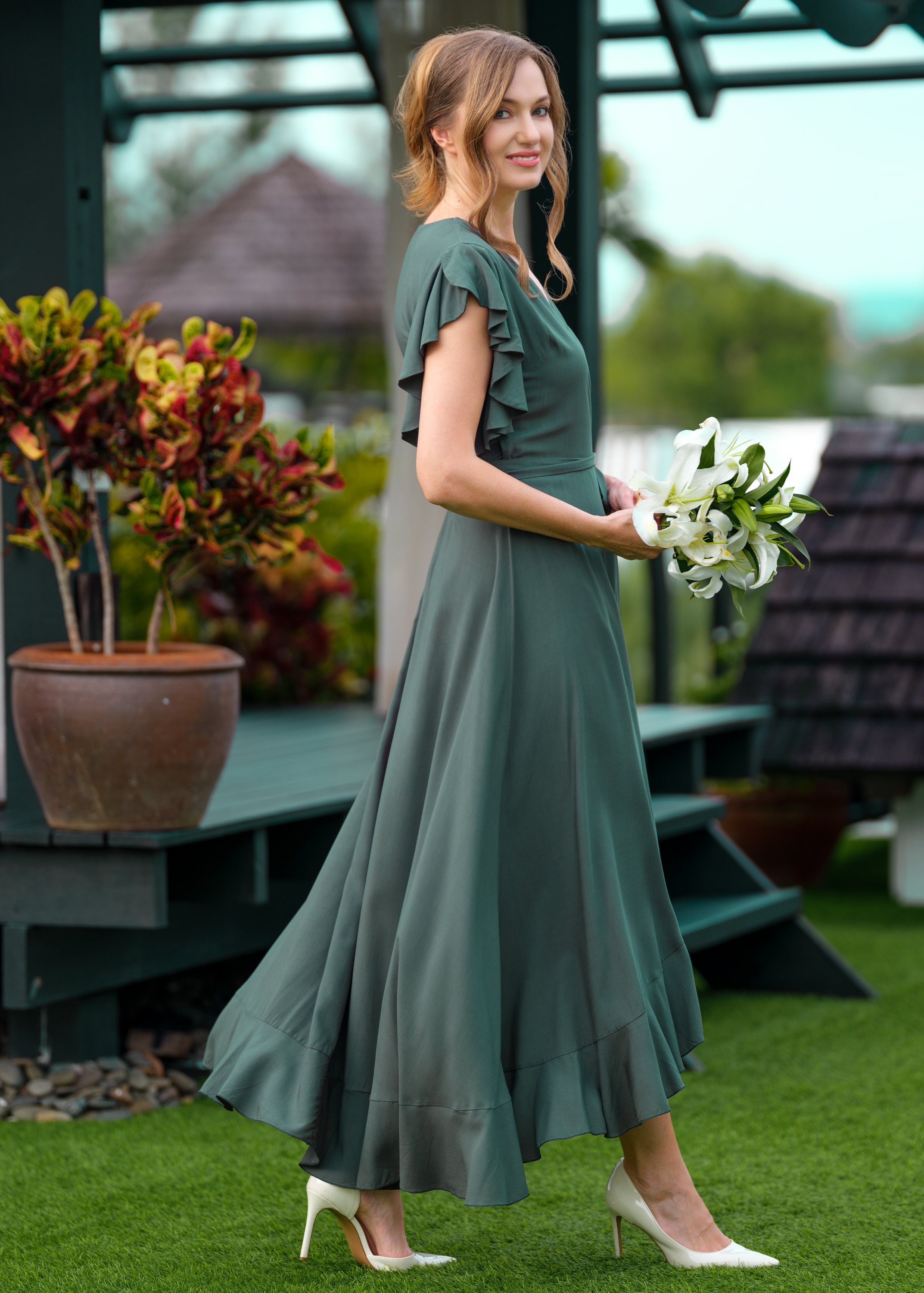 Dark green romantic wrap dress, bridesmaids dress, maxi dress, long dress, wedding guest dress, formal dress, evening summer dress Dark green romantic wrap dress, bridesmaids dress, maxi dress, long dress, wedding guest dress, formal dress, evening summer dress