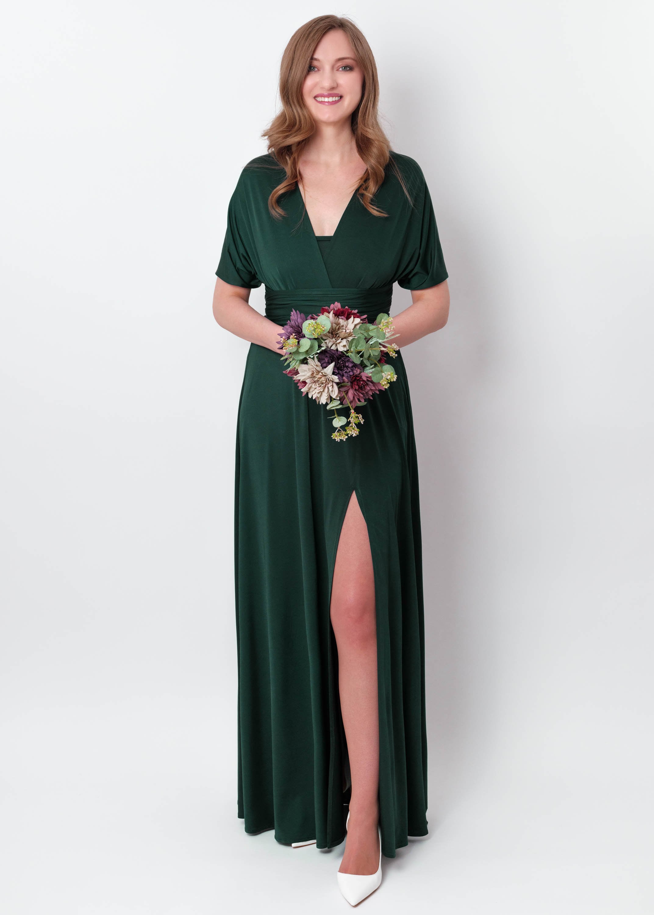green emerald velvet dress Elegant Dark Green Chiffon Split Long Prom Dress with Beads TP0868 US0 / As Picture main image 1