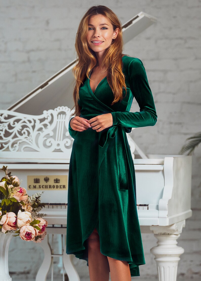 Emerald Green Velvet Wrap Dress Evening Dress Bridesmaid | Etsy